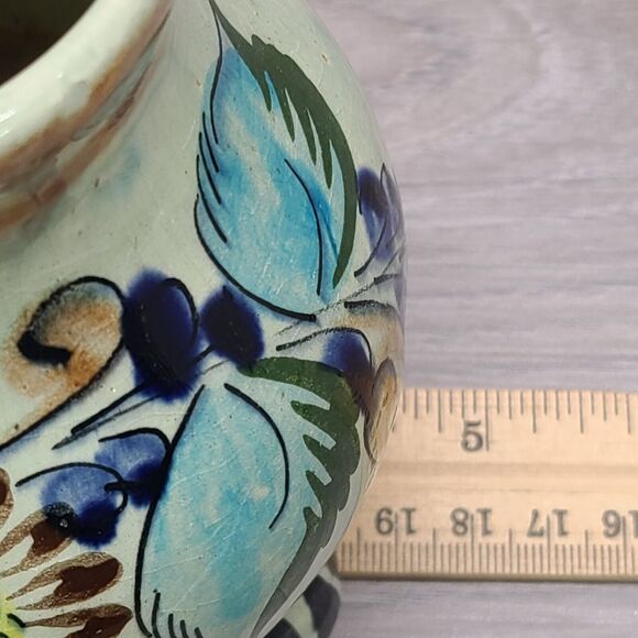 Tonala Mexican Pottery Round Footed Planter Blue Green Floral Signed CAT - Picture 7 of 8
